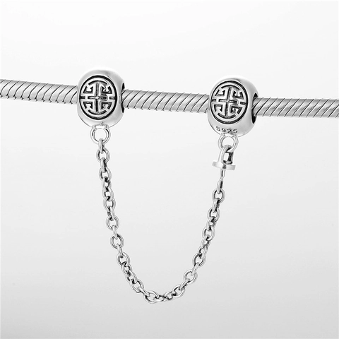 925 Sterling Silver Safety Chain Charm For Women DIY Bracelet Making Vintage Shou Pattern Stopper Jewelry Finding Accessory