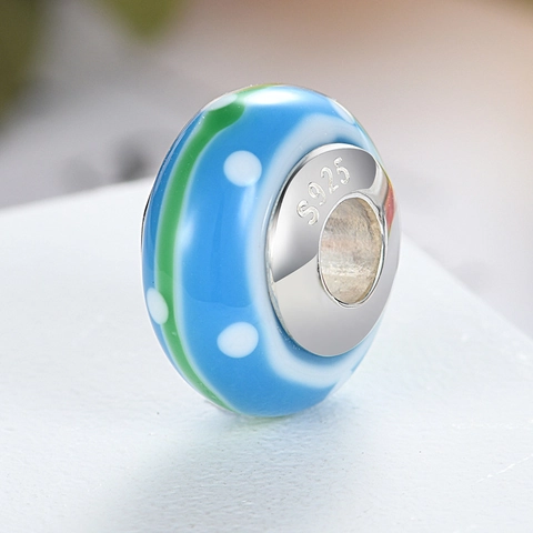 S925 Sterling Silver Lampwork Glass Charm Bead Blue Green Stripes White Polka Dots Large Hole Bead For DIY Bracelet Jewelry Making