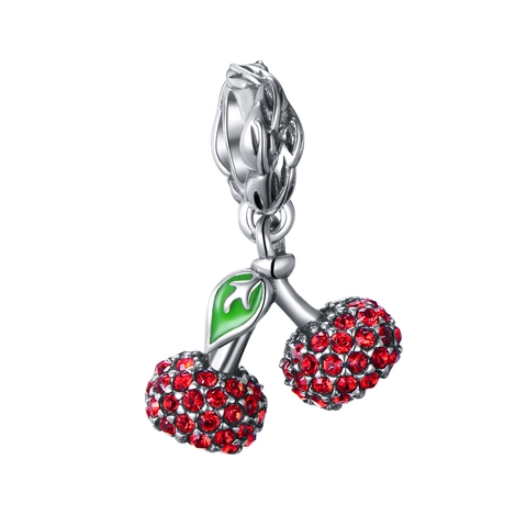 925 Sterling Silver Κεράσι Σμέουρο Charm Μενταγιόν Με Κόκκινο Στρας Πράσινο Σμάλτο Για DIY Βραχιόλι Κατασκευή Κοσμημάτων Γυναικείο Δώρο