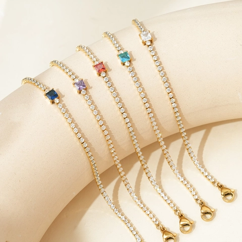 Bracciale Tennis in Acciaio Inossidabile con Zirconia Lusso Leggero Pietra Quadrata Placcato Oro 18K Gioielli Regolabili da Donna