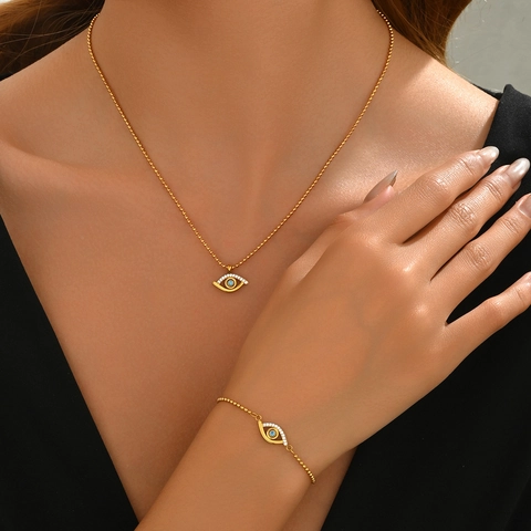 Stainless Steel Evil Eye Pendant Necklace Bracelet Gold Silver Plated Blue Rhinestone Bead Chain French Jewelry For Women