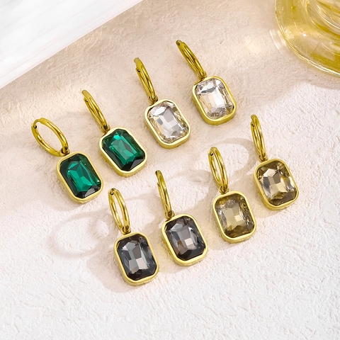 Rectangular Crystal Hoop Earrings Stainless Steel Gold Plated Emerald Cut Geometric Dangle For Women Minimalist Luxury