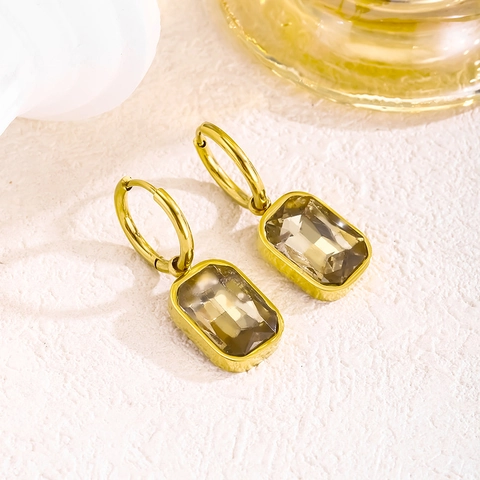 Rectangular Crystal Hoop Earrings Stainless Steel Gold Plated Emerald Cut Geometric Dangle For Women Minimalist Luxury