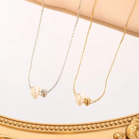 Stainless Steel Artificial Pearl Pendant Necklace Geometric Round Metal Bead Chain For Women Fashion Jewelry Accessory