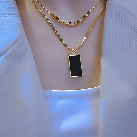 Minimalist Titanium Steel Necklace Gold Plated Geometric Square Beads Black Rectangle Pendant Snake Chain Layered Jewelry