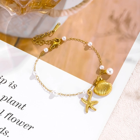 Roestvrij Staal Goud Zeester Schelp Kunstparel Ketting Armband Oceaan Thema Strandvakantie Dames Mode Sieraden