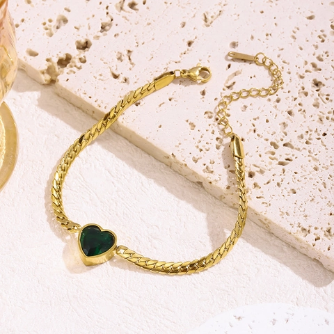 Moda Bracciale in Acciaio Inossidabile con Cuore di Zirconia per Donna Placcato Oro Verde Bianco Cristallo Pendente Cuore Regolabile