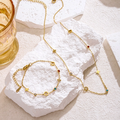 Collana Bracciale Quadrifoglio in Acciaio Inossidabile Placcato Oro 18K per Donna Gioielli con Cristalli a Rombo Colorati
