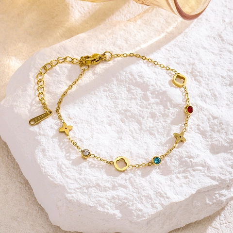 Collana Bracciale Quadrifoglio in Acciaio Inossidabile Placcato Oro 18K per Donna Gioielli con Cristalli a Rombo Colorati