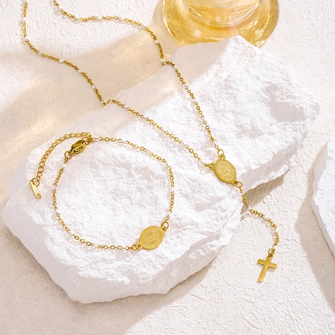 Collar Y Pulsera De Acero Inoxidable Chapado En Oro Religiosa Virgen María Cruz Colgante Estilo Rosario Joyería Para Mujer