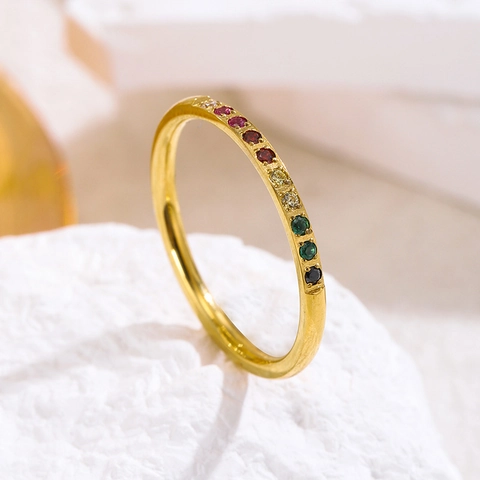 Regenbogen Zirkonia Edelstahl Ring 18K Vergoldet Minimalistisch Stapelbar Band Für Damen Mode Schmuck Geschenk