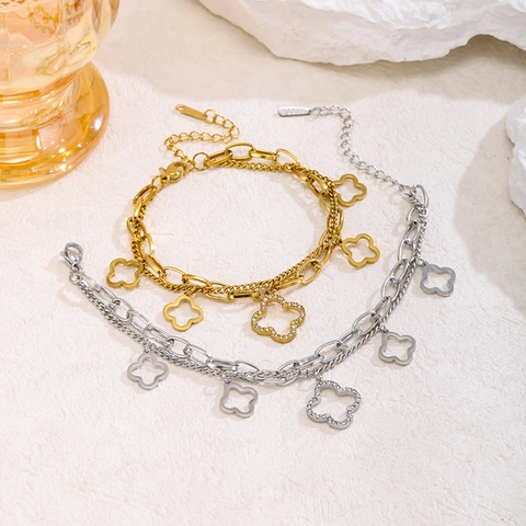 Bracciale a Doppio Strato in Acciaio Inossidabile con Quadrifoglio e Zirconia Gioiello da Mano Regolabile alla Moda Regalo Donna