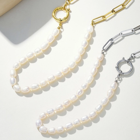 Retro Fashion Freshwater Baroque Pearl Necklace For Women Stainless Steel Gold Silver Plated Paperclip Chain O-Ring Neck Jewelry