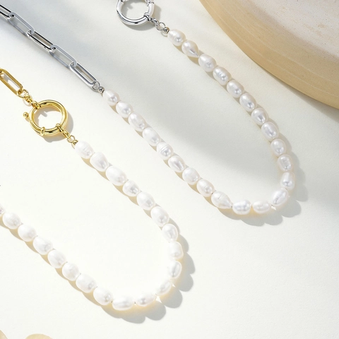 Retro Fashion Freshwater Baroque Pearl Necklace For Women Stainless Steel Gold Silver Plated Paperclip Chain O-Ring Neck Jewelry