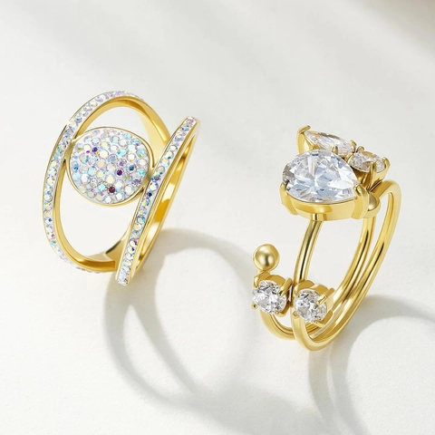 Stainless Steel Gold Plated Ring Women Luxury Geometric Pave Zirconia Pear Cut Water Drop Adjustable Open Finger Ring Jewelry