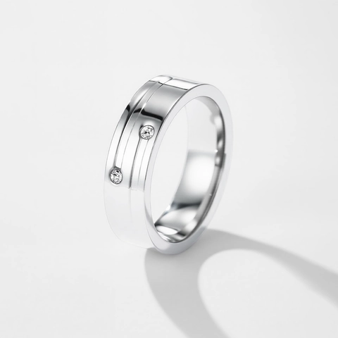 Minimalist Stainless Steel Ring For Men Women Fashion Parallel Lines Design Inlaid Round Zirconia Polished Band Jewelry