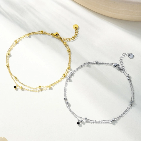 Minimalista Acero Inoxidable Capas Abalorios Tobillera Mujeres Dorado Plateado Zirconia Colgante Joyería