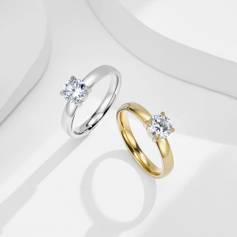 Anello Minimalista in Acciaio Inossidabile Con Zirconia Rotonda Donna Classico a Quattro Griffe Oro Argento Gioielli