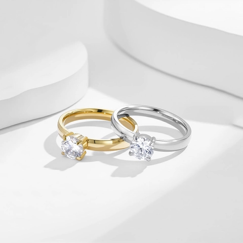 Anello Minimalista in Acciaio Inossidabile Con Zirconia Rotonda Donna Classico a Quattro Griffe Oro Argento Gioielli