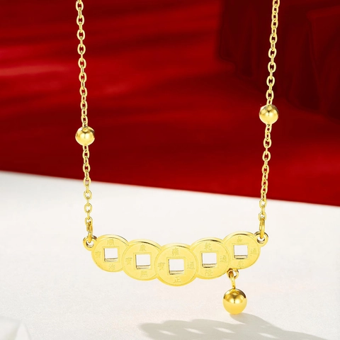 Vintage Chinese Vijf Keizermunten Hanger Halsketting 304 Roestvrij Staal 24K Verguld Ronde Kralen Choker Sieraden Voor Dames