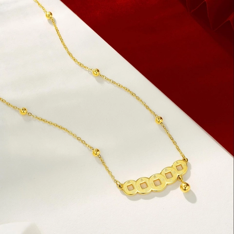 Vintage Chinese Vijf Keizermunten Hanger Halsketting 304 Roestvrij Staal 24K Verguld Ronde Kralen Choker Sieraden Voor Dames