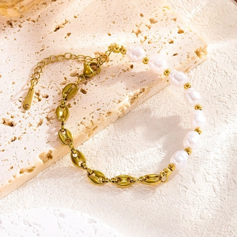 Minimalistisches Edelstahl Schweinenasenkette Armband Für Damen Vergoldet Mit Künstlichen Perlen Splicing Armreif Schmuck