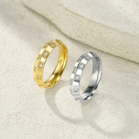 Acier Inoxydable 304 Bagues Géométrique pour Femmes Hommes Incrusté de Strass Bande Doigt Bijoux Mode Cadeau Or Argent