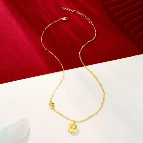 Vintage 24K Verguld 304 Roestvrij Staal Fu Karakter Hanger Halsketting Voor Vrouwen Chinese Stijl Parelmoer Zegen Sieraden