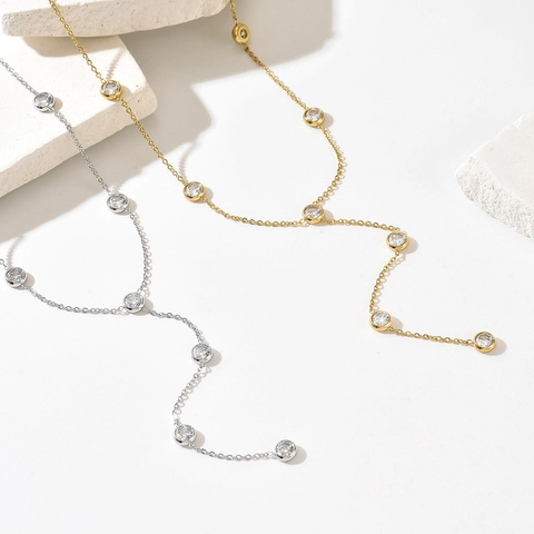 Minimalist Stainless Steel Y-Shaped Tassel Necklace For Women Gold Silver Plated Bezel Set Rhinestone Geometric Clavicle Chain Jewelry Gift