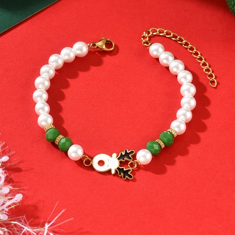 Navidad Papá Noel Reno Guante Colgantes Acero Inoxidable Perla Artificial De Imitación Pulsera De Cuentas Joyería Festiva Regalo De Vacaciones Mujer