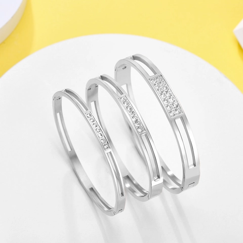 Fashion Hollow Stainless Steel Bangle Bracelet Pave Zircon Inlay Modern Minimalist Jewelry For Women Men High Polished