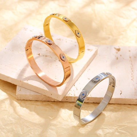 Stainless Steel Evil Eye Open Bangle For Women Zirconia Star Geometric Pattern Gold Rose Gold Silver Polished Fashion Jewelry