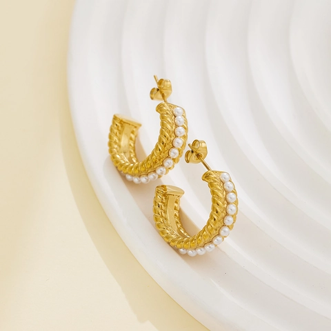 Boucles d'Oreilles Créoles en Acier Inoxydable Plaquées Or 18K avec Perle Artificielle pour Femme Bijoux Géométriques Vintage