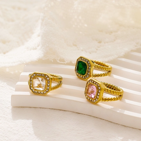 Vintage Edelstahl Vergoldeter Zirkonia Quadratischer Ring Für Damen Französischer Stil Gedrehtes Kabel Statement Fingerring Schmuck