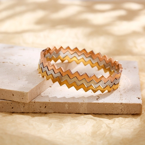 Brazalete Moderno Minimalista de Acero Inoxidable con Ondas Zigzag para Mujer Pulsera Geométrica con Hebilla de Bisagra Oro Plata Oro Rosa
