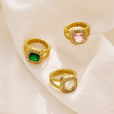 Vintage Edelstahl Vergoldeter Zirkonia Quadratischer Ring Für Damen Französischer Stil Gedrehtes Kabel Statement Fingerring Schmuck