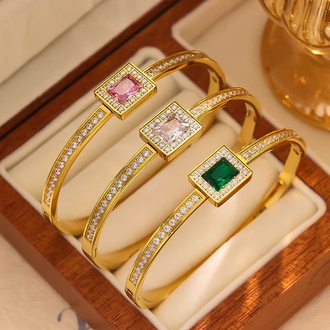 Vintage Emerald Green Rhinestone Inlaid Stainless Steel Bangle For Women Luxury Gold Silver Plated Titanium Steel Bracelet Jewelry