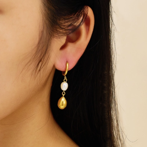 Vintage Acier Inoxydable Perle d'Eau Douce Boucles d'Oreilles Goutte d'Eau Pour Femmes Plaqué Or Élégant Bijoux Mariage