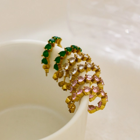 European INS Twisted Stainless Steel Hoop Earrings Gold Plated Inlaid Turquoise Colorful Zircon Earrings For Women Vintage Jewelry