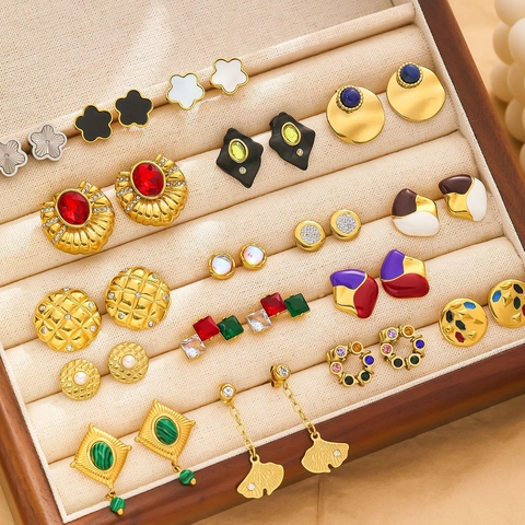 Vintage Palace Gold Stainless Steel Earrings For Women Medieval Retro Zirconia Enamel Clover Floral Ginkgo Leaf Stud Earrings Jewelry Gift