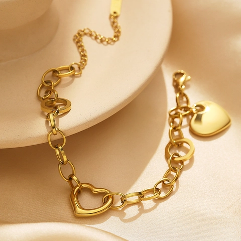 18K Gold Plated Stainless Steel Heart Pendant Link Chain Bracelet For Women Fashion Versatile Adjustable Jewelry Gift