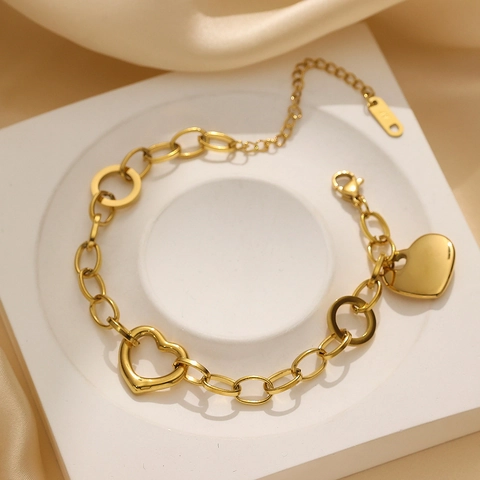 18K Gold Plated Stainless Steel Heart Pendant Link Chain Bracelet For Women Fashion Versatile Adjustable Jewelry Gift