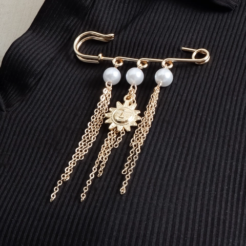 Broche Vintage en Alliage Doré avec Gland Soleil Visage Souriant avec Épingle de Sûreté en Perles Artificielles Bijoux de Mode Créatifs pour Femmes