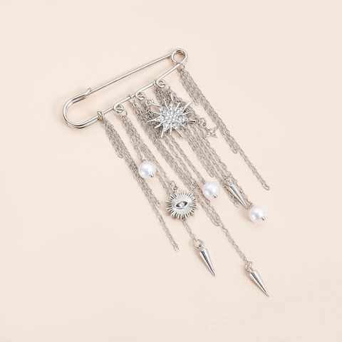Spilla Vintage in Lega d'Argento con Nappe Perla Artificiale Strass Sole Occhio Stella Pendenti Spilla a Balia da Donna Gioielli