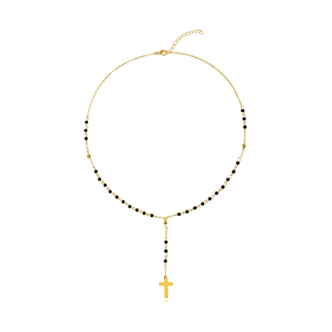 Rosary Style Y-Shape Cross Pendant Necklace For Women Long Tassel Black Plastic Beads Alloy Gold Silver Religious Jewelry