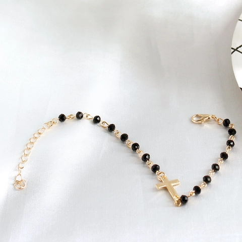 Vintage Alloy Cross Pendant Beaded Bracelet Religious Faith Jewelry With Adjustable Extension Chain For Women Gold Silver Plate
