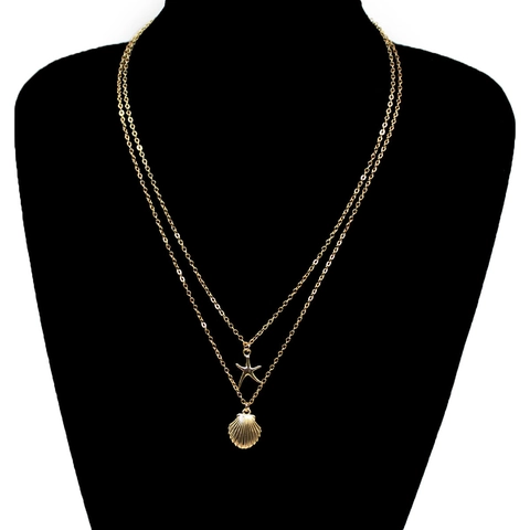 Boho Layered Alloy Seashell Pendant Necklace Starfish Double Chain Choker For Women Summer Beach Ocean Vacation Jewelry Gift