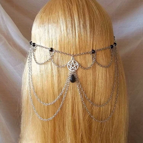 Catena per Capelli a Più Strati in Lega con Stella Pentacolo in Stile Gotico Boemo per Donna Oro Argento Strass Collana Lunga