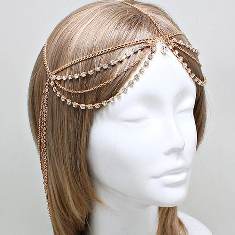 Chaîne de Tête Bohème Multi Couches Strass Or Argent Alliage Gland Chaîne de Corps Bijoux de Mariage pour Femmes