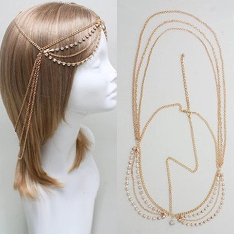 Chaîne de Tête Bohème Multi Couches Strass Or Argent Alliage Gland Chaîne de Corps Bijoux de Mariage pour Femmes